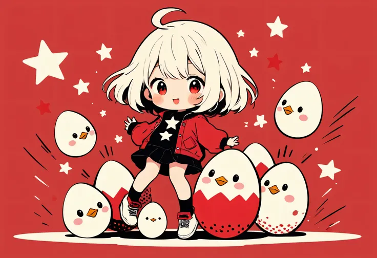 Black Star Red and White style, Simple Line Initialism，Abstract art，Kawaii Design, The most beautiful girl of all time、chibi, Cute chicks jumping out of eggs、