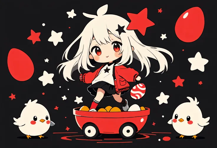 Black Star Red and White style, Simple Line Initialism，Abstract art，Kawaii Design, The most beautiful girl of all time、chibi, Cute chicks jumping out of eggs、