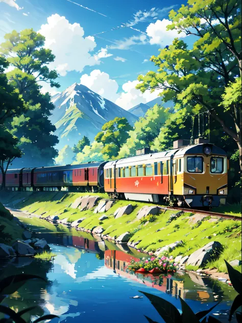 ((best quality)), ((masterpiece)), (detailed), sunny，Animation scene of a train passing by under the sky，There are green trees and lush grass on both sides.，Next to it is a small stream，There are fish in the creek，Create an anime-style scene。The background...