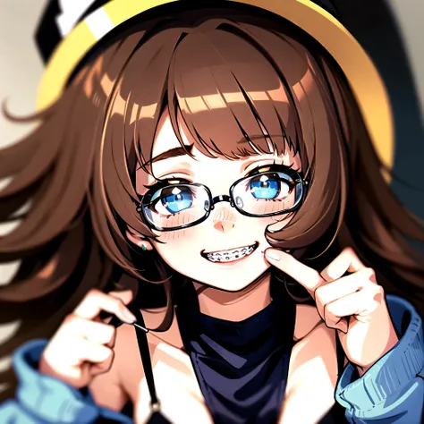 1girl, seductive eyes, braces, glasses, smiling, cute, face focus, blue eyes, blush, brown hair, best quality, masterpiece, highres