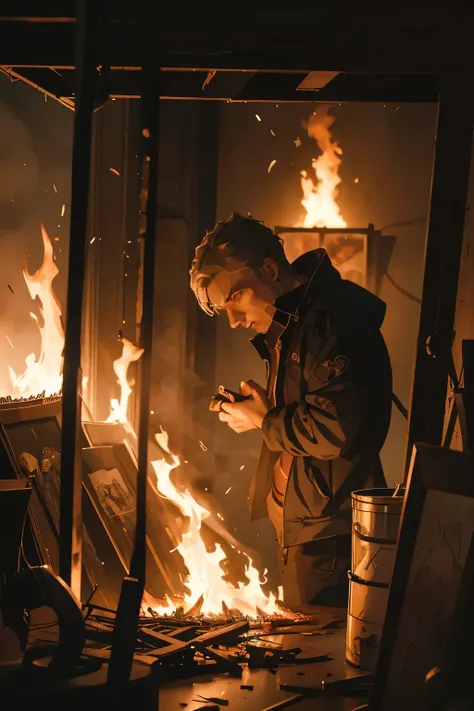 flames throughout an artist's studio, a young man with dark hair is trapped inside shields his face from the flames, fire engulf...