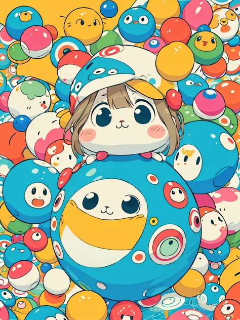 Takashi Murakami style, kawaii design, (((Colorful and cute balls))), (((No people)))