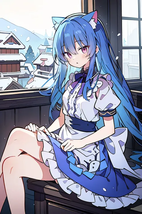 （masterpiece：1.2），Super detailed，lifelike，Expressive eyes，fair skin，perfect face shape，1 girl，
Japanese comics,Gorgeous blue hair,flowing blue hair,flowing clothes,Cat ears,Petals fall,beautiful lola,Baby Angel,
，Cross your legs，Gentle and peaceful backgro...