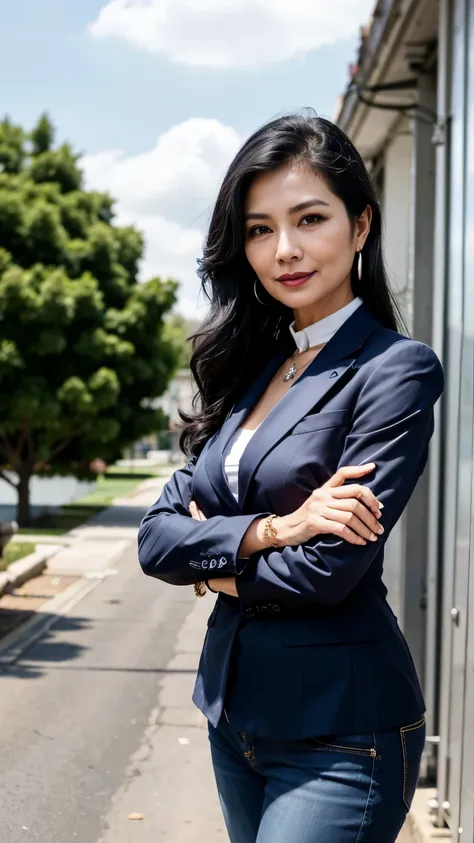 navy blue business casual suit　75 years old　mom　milf　Korean, Lady　large earring　Big choker　navel piercing decoration　A bracelet　Silver Hair　realisitic　Gorgeous Madame Beautiful Mature Woman　sexly　Smile　Gentle woman navel piercing　４K　High quality constructi...