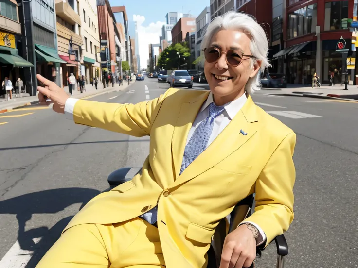 Yellow suit, flashy, Japanese, senior, male, white hair, sunglasses, smile, downtown, daytime