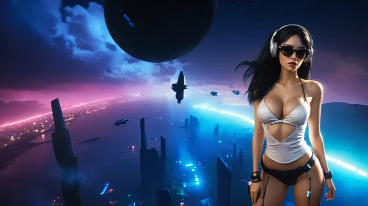 At night, dark sky, distant shot aerial view of fantasy cyberpunk style ((Moai-statue)) city, ((flying vehicle)). ((1girl, solo, alone)), medium-breast:1.1 slim body, cleavage, sexy clothes, (headphone, black sunglasses, long black realistic hair), (((hip-...