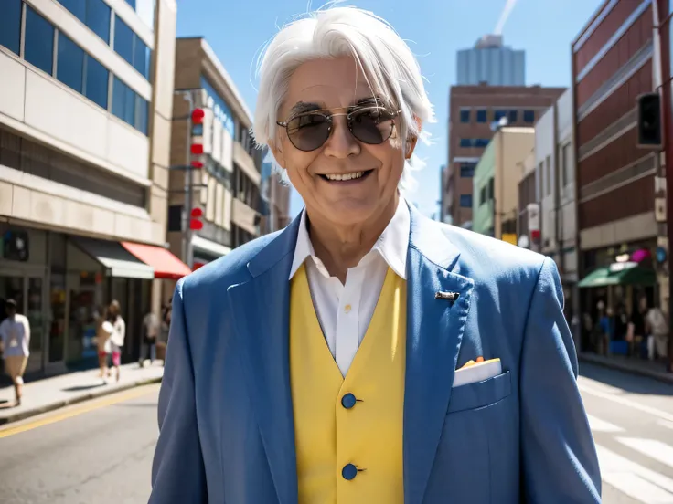 Rainbow-colored suit, flashy, Japanese, senior, male, white hair, sunglasses, smile, downtown, daytime