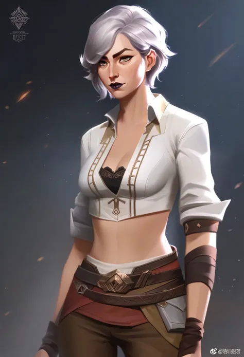 score_9, score_8_up, score_7_up, score_6_up, score_5_up, score_4_up, BREAK Arcane, best aesthetic, artstation, solo, 1girl, Asian female, cowgirl outfit, cleavage, cowboy hat, white shirt, brown pants, tattoos, bob cut, white hair, black lipstick, lovely, ...