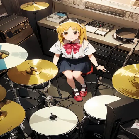 anime girl sitting on a drum set in a music studio, official artwork, drummer, yuyushiki, hq artwork, happy!!!, rin, anime visual of a cute girl, anime peripheral, cushart krenz, high resolution!!, official anime still, kinmoza!, playing drums, ( ( misa am...