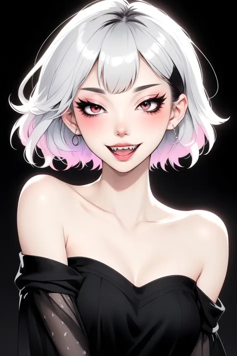 (best quality, sketch:1.2),Practical,ilustrador,shrew,Japanese cartoons,1 girl, Delicate lips, ,Fangs,hand,hairy,Off-shoulder, Black and white gradient background,Neon hair,Texture cropping, masterpiece, The style is vintage, Deep Black