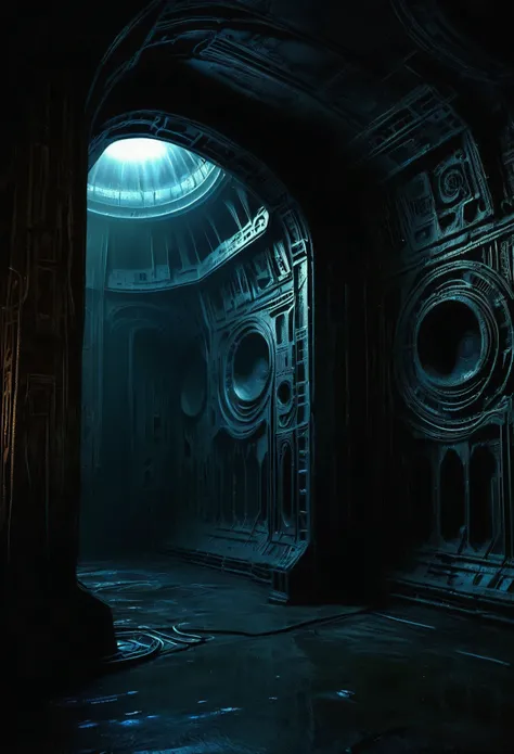 01_rays of black light, 史诗Alien Spaceship的内部, the atmospheRe of the movie “alien”. Bionic foRms coveR the walls in Bas-relief, 黑色人造Material, stone-plastic, and bionics. sanded, polishing, Smooth, Bas-relief, bionics, Cyberpunk. alien尸体的元素, and the anatomy ...
