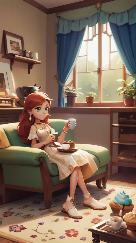 Concept Art,character illustration of a,European and American cartoons,（whole body：1.5），Mid-Long View，carpet，（Puppy lying on the floor），shoe，一个20岁的金发女生悠闲的sit在living room，Holding a cup of coffee，A laid-back expression，Relax，Leisure，European and American car...