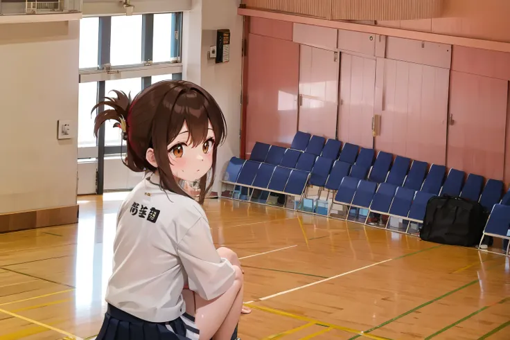 A female student in a sailor uniform sitting on the floor of the gymnasium and watching a physical education class because she feels unwell,(masterpiece, best quality:1.2),illustration,8K,HD,1girl,独奏,upper body,(portrait:1.2),brown_hair,folded_ponytail,bro...
