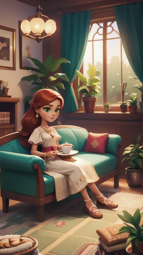 Concept Art,character illustration of a,European and American cartoons,（whole body：1.5），Mid-Long View，carpet，（Puppy lying on the floor），shoe，一个20岁的金发女生悠闲的sit在living room，Holding a cup of coffee，A laid-back expression，Relax，Leisure，European and American car...