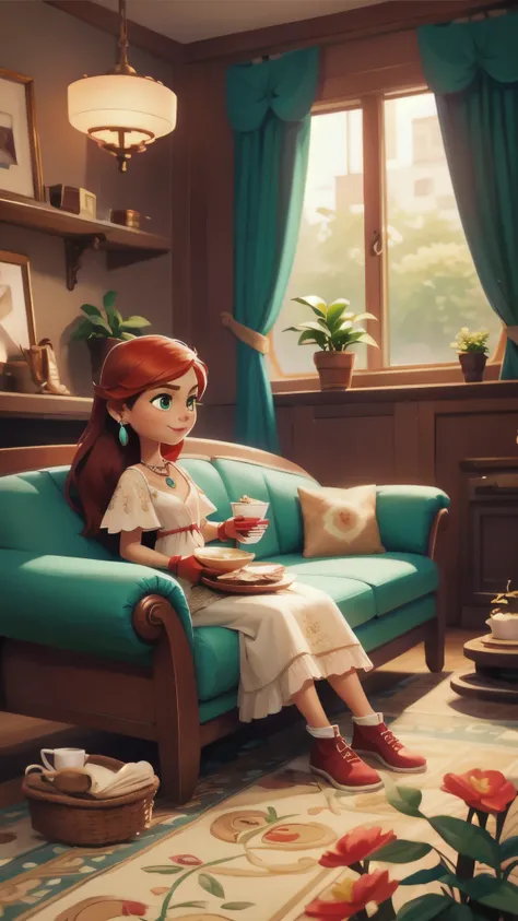 Concept Art,character illustration of a,European and American cartoons,（whole body：1.5），Mid-Long View，carpet，（Puppy lying on the floor），shoe，一个20岁的金发女生悠闲的sit在living room，Holding a cup of coffee，A laid-back expression，Relax，Leisure，European and American car...