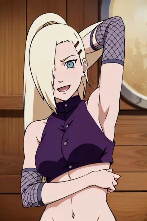 (lying), Ino yamanaka, looking at the viewer, from below, ultra detailed face, sunny day, day time, upper body view, anime style, solo, detailed home, blonde, (purple clothes), ((one eye covered with hair, hair over eye)), medium breasts, belly button, loo...