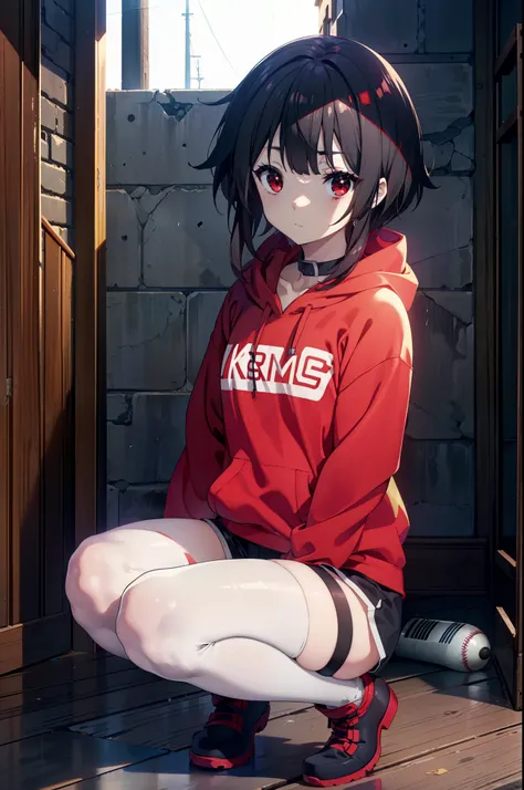 konosubaMegumin, Megumin, short hair, Black Hair, (Red eyes:1.3), short hair with long locks,Oversized red hoodie,Baseball hats,Shorts,White pantyhose,short boots,night,rain,cloudy,Hiding in a roofed building,Sitting on the stairs,whole bodyがイラストに入るように,
br...