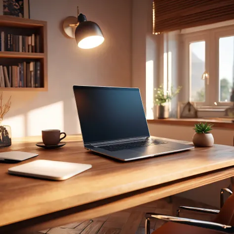 beautiful detailed interior scene, laptop computer on desk, window lighting, high quality, 8k, photorealistic, dramatic lighting, minimalist design, clean composition, still life, detailed surfaces, warm color tones, soft shadows, natural daylight, shallow...