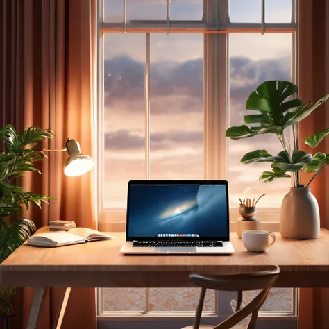beautiful detailed interior scene, laptop computer on desk, window lighting, high quality, 8k, photorealistic, dramatic lighting, minimalist design, clean composition, still life, detailed surfaces, warm color tones, soft shadows, natural daylight, shallow...