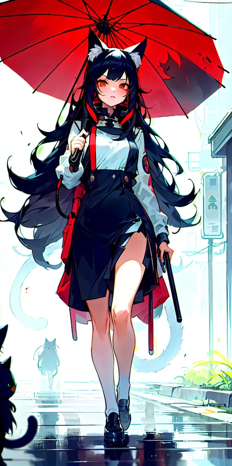 (masterpiece, best quality) a closeup of 1girl with long black hair, two cat tails, cat ears with fluff, walking on a cyberpunk city street, holding umbrella, maid uniform