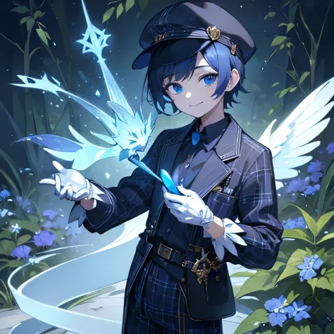 (masterpiece, Highest quality:1.2), ((Super detailed, 8K, ))smile, (Little Slim), One boy, Blue-black berry short hair, Reverse hair, Dark blue eyes, puppet, I have a magic wand, Newsboy cap, Beautiful long sleeve shirt and plaid shorts, White gloves, Beau...