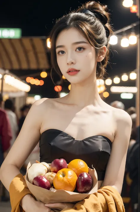 (((best quality))),(((ultra detailed))),(((masterpiece))),illustration,(1 beautiful girl,solo),(short ponytail:1.2),(strapless sheer bra:1.3),((bare shoulder,bare arms)),((slim,thin)),((small breasts,flat chest)),shopping, market, meat, bustling,early morn...