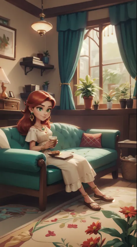 Concept Art,character illustration of a,European and American cartoons,（whole body：1.5），Mid-Long View，carpet，（Looking at the camera），shoe，一个20岁的金发女生happy的sit在living room，Holding a cup of coffee，happy，A laid-back expression，Relax，Leisure，European and Americ...