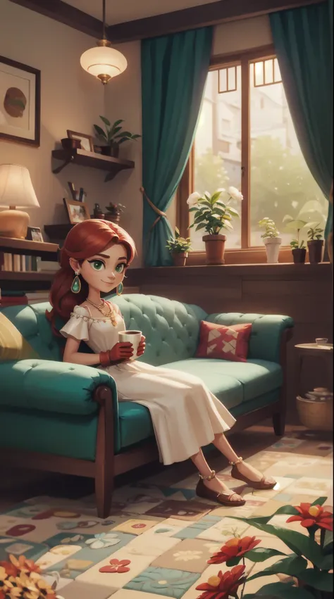 Concept Art,character illustration of a,European and American cartoons,（whole body：1.5），Mid-Long View，carpet，（Looking at the camera），shoe，一个20岁的金发女生happy的sit在living room，Holding a cup of coffee，happy，A laid-back expression，Relax，Leisure，European and Americ...