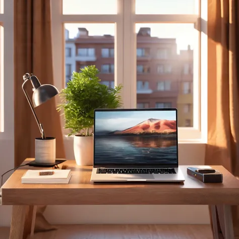 beautiful detailed interior scene, laptop computer on desk, window lighting, high quality, 8k, photorealistic, dramatic lighting, minimalist design, clean composition, still life, detailed surfaces, warm color tones, soft shadows, natural daylight, shallow...