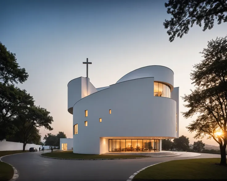 raw photo, best quality, ultra realistic, masterpiece, best quality skin, photography hd, dslr,
tcs, httlvn, modern church, road, people, house, facade design, outdoors, church, white walls, cross on top, curved shape building, 
Dusk, sunshine, 
View from ...