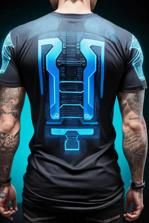 Design a cyberpunk-themed t-shirt, featuring a captivating acid wash background that exudes a futuristic charm. The front of the t-shirt showcases a bold, neon blue symbol or text, meticulously crafted with intricate digital circuitry and cybernetic patter...