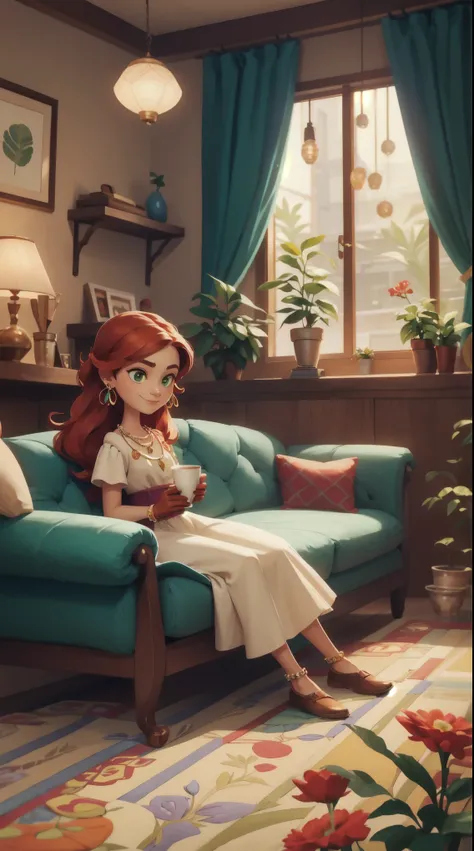 Concept Art,character illustration of a,European and American cartoons,（whole body：1.5），Mid-Long View，carpet，（Looking at the camera），shoe，一个20岁的金发女生happy的sit在living room，Holding a cup of coffee，happy，A laid-back expression，Relax，Leisure，European and Americ...