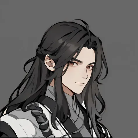 Close-up of long-haired person in black and white clothing, The handsome guy in Demon Slayer, Mischievous fake smile, Keqing from genshin impact, Taisho Rome, He has dark gray hair, Long-haired anime tribe boy, Human Male Character Art, 《Genshin Impact》Zho...