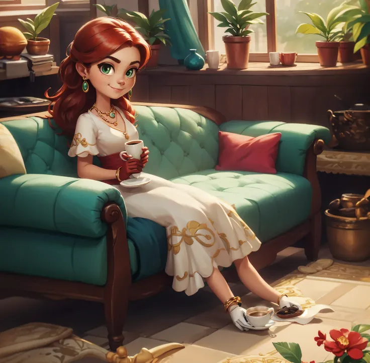 Concept Art,character illustration of a,European and American cartoons,（whole body：1.5），Mid-Long View，carpet，（Puppy lying on the floor），（Looking at the camera：1.5），shoe，A 20-year-old blonde girl happily sits in the living room，happy，hapiness，WeChat holding...