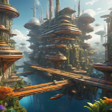 a futuristic alien farming town in the sky, massive floating mill ships, biopunk atmosphere, a vibrant and bustling scene of life, hyperdetailed, cinematic angles, dramatic lighting, vivid colors, volumetric fog, intricate machinery, floating gardens, adva...