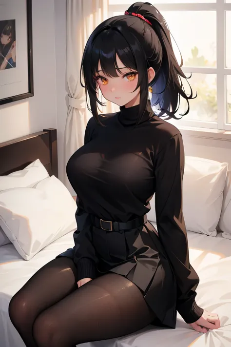 Digital Art, Digital Illustration, Ultra-detailed, beautiful image, Sharp Image, a close up of a woman in a short skirt and a black sweater, sweater tucked into skirt, nylon tights, trending at cgstation, anime barbie doll, sweater tucked into skirt, trend...