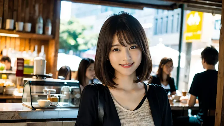 super high quality, Slenderのネックレス, Slender, Gravure photoshoot, The staff is working at the counter in the back., (8K、RAW Photos、Highest quality、masterpiece:1.2), Japanese Idol, Sportswear, Stylish café, The cafe is crowded with people enjoying themselves....