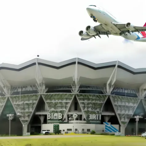 realistic 3d caricature. international airplane airport. In front of the airport there is writing in Indonesian "BIJB KERTAJATI. The photo details are very strong.