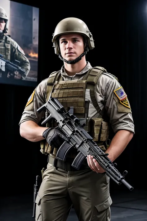 A modern white male soldier，Battlefield Background，Armed with a firearm，With tactical helmet，fully armed，Facing the audience head-on