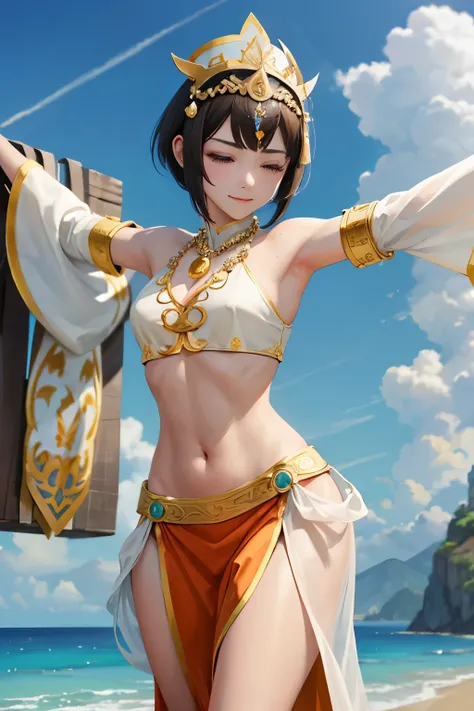 Tripitaka Monk、Sanzang Fashi、Unparalleled in the Three Kingdoms、Unparalleled OROCHI、No sleeve、Chest band、Navel sticking out、Pale green loose pants、Brown Hair、Bobcut、tiara、beads necklace、Sleeves longer than the arms、Troubled Smile、Crucifixion、Giant Cross、Ti...