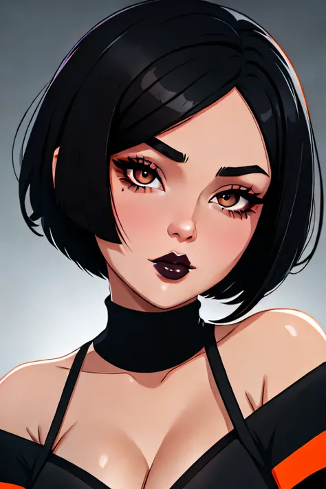 Amazing portrait of a cute goth woman with her short black hair in a bob hairstyle and shes wearing heavy eyeliner around her eyes and shes gazing at you seductively she wears an off shoulder t shirt that is orange and black with black bra straps 