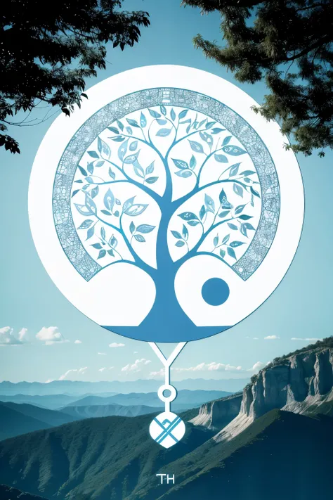 initials Th, psi symbol, tree of Life, pastel blue colors. 
