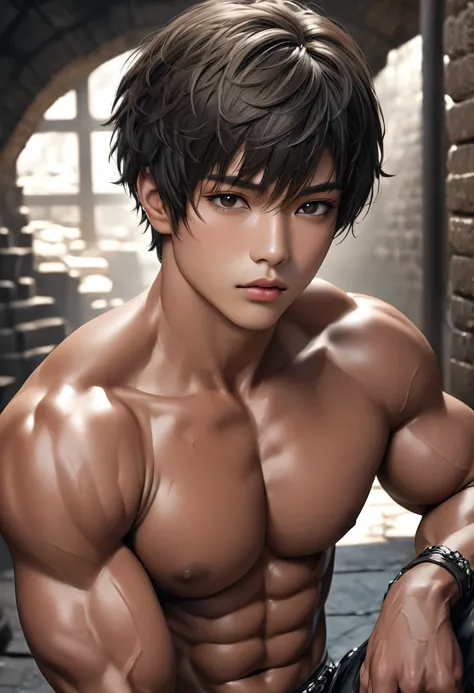 high quality, detailed, Realistic, (24 years old tanned japanese idol body builder boy), (detailed black eyes), (black short hair), (muscle:1.5), (tanned dark brown skin), dungeon, (black tiny thong), (bulge), (detailed nipples), detailed areola,best quali...