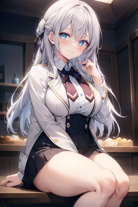 alisa mikhailovna kujou、blush,smile、silver hair、blue eyes、uniform、sexy thighs、beautiful legs、usual hairstyle、highest quality, hi...