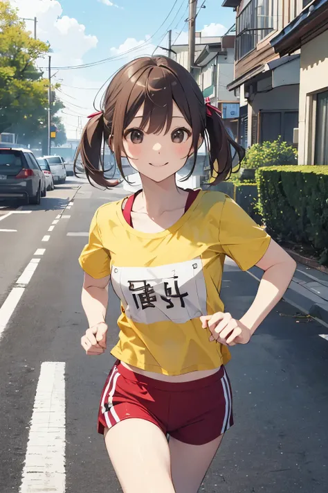 （Cute older sister:1.3）、 smile,Summer atmosphere、T-Shirts、Brown Hair、　(Running 1.3)