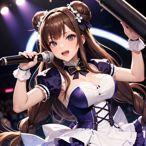 Top quality, ample limbs, perfect fingers, slender beauty, twin-tailed bun hairstyle, brown hair, Deresute, idol costume, beautiful large breasts, live stage, singing