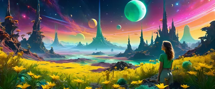 "A young girl with a sense of wonder explores an alien planet with vibrant chrome vegetation. The surreal landscape and flora create a stunning juxtaposition in a space-age paradise. green meadows and yellow flowers, stars and nebulas, a golden moon,