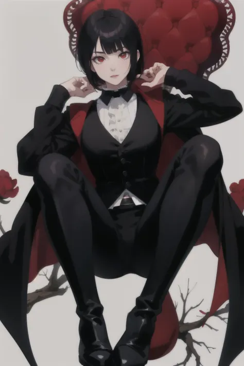 Mature girl, anime female character, short black hair, bangs, red eyes, vest, boots, full body shot, pose, elegant, bangs, ouji fashion, "Black Butler" inspired outfit., anime, Gothic art, anime, Gothic art, masterpiece, anatomically correct, accurate, hig...