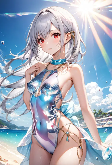 (pov Swimwear style) (beautiful body), (solo:2, 16 yo, hime cut silver hair hair long hair divine fighter girl, cool red eyes, serious make up face, medium tits), (in a Crystalline:1.3 detailed one piece Layered Dress swimsuit, detailed sequin body chain),...