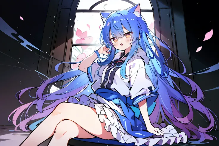 （masterpiece：1.2），Super detailed，lifelike，Expressive eyes，fair skin，perfect face shape，1 girl，
Japanese comics,Gorgeous blue hair,flowing blue hair,flowing clothes,Cat ears,Petals fall,beautiful lola,Baby Angel,
Shaking head with one hand，Cross your legs，G...